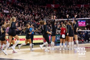 Nebraska Cornhuskers celebrates sweeping the Penn State Nittany Lions during a volleyball match on Friday, Nov. 28, 2025, in Lincoln, Nebraska. Photo by John S. Peterson.