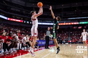 Nebraska Cornhusker forward Pryce Sandfort (21) makes a three point shot against the South Carolina Upstate Spartans in the second half during a college basketball game on Saturday, November 29, 2025, in Lincoln, Nebraska. Photo by John S. Peterson.