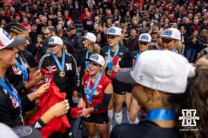 Nebraska Cornhuskers celebrate win the Big Big Championship after the volleyball match against the Penn State Nittany Lions on Friday, Nov. 28, 2025, in Lincoln, Nebraska. Photo by John S. Peterson.