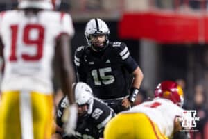 Nebraska Cornhusker quarterback Dylan Raiola (15) readies for the snap against the Southern California Trojans in the third quarter during a college football game on Saturday, November 1, 2025, in Lincoln, Nebraska. Photo by John S. Peterson.