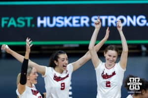 Nebraska Cornhusker opposite Virginia Adriano (9) and setter Bergen Reilly (2) celebrate a kill in the second set against the Illinois Fighting Illini during a college volleyball match on Thursday, November 6, 2025, in Lincoln, Nebraska. Photo by John S. Peterson.
