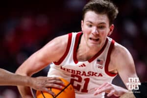 Nebraska Cornhusker forward Pryce Sandfort (21) drives to the basket against the South Carolina Upstate Spartans in the second half during a college basketball game on Saturday, November 29, 2025, in Lincoln, Nebraska. Photo by John S. Peterson.