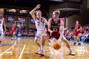 Nebraska Cornhusker forward Rienk Mast (51) drives to the basket against Oklahoma Sooner guard Dayton Forsythe (7) in the second half during a college men’s basketball game on Saturday, Nov 15, 2025, in Sioux Falls, South Dakota. Photo by John S. Peterson.