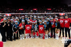 Nebraska Cornhuskers pose for a photo celebrating the Big Ten Championship after the volleyball match against the Penn State Nittany Lions on Friday, Nov. 28, 2025, in Lincoln, Nebraska. Photo by John S. Peterson.