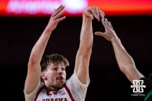 Nebraska Cornhusker forward Braden Frager (5) makes a jumpshot against the South Carolina Upstate Spartans in the second half during a college basketball game on Saturday, November 29, 2025, in Lincoln, Nebraska. Photo by John S. Peterson.