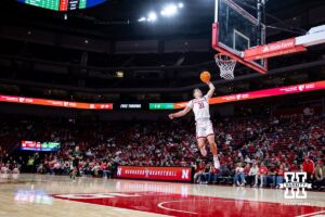 Nebraska Cornhusker guard Cale Jacobsen (31) makes a lay up against the South Carolina Upstate Spartans in the second half during a college basketball game on Saturday, November 29, 2025, in Lincoln, Nebraska. Photo by John S. Peterson.
