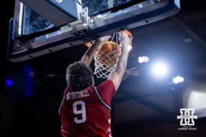 Nebraska Cornhusker forward Berke Buyuktuncel (9) makes a dunk against the Oklahoma Sooners in the second half during a college men’s basketball game on Saturday, Nov 15, 2025, in Sioux Falls, South Dakota. Photo by John S. Peterson.