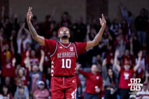 Nebraska Cornhusker guard Jamarques Lawrence (10) celebrates his three point shot against the Oklahoma Sooners in the second half during a college men’s basketball game on Saturday, Nov 15, 2025, in Sioux Falls, South Dakota. Photo by John S. Peterson.