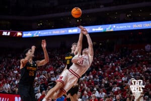 Nebraska Cornhusker guard Cale Jacobsen (31) crashes to the floor while making a shoot and getting fouled against the Winthrop Eagles in the second half during a college basketball game on Tuesday, Nov. 25, 2025, in Lincoln, Nebraska. Photo by John S. Peterson.