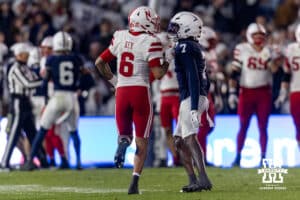 Nebraska Cornhusker wide receiver Dane Key (6) and Penn State Nittany Lion cornerback Zion Tracy (7) talk after a play during a college football game on Saturday, Nov. 22, 2025, in State College, PA. Photo by John S. Peterson.