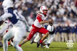 Nebraska Cornhusker quarterback TJ Lateef (14) runs with the ball against the Penn State Nittany Lions in the fourth quarter during a college football game on Saturday, Nov. 22, 2025, in State College, PA. Photo by John S. Peterson.