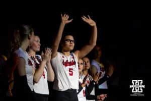 Nebraska Cornhusker middle blocker Rebekah Allick (5) waves to the fans when introduced before taking on the LIU Sharks during the first round of the NCAA volleyball tournament on Friday, Dec. 5, 2025, in Lincoln, Nebraska. Photo by John S. Peterson.