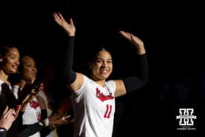 Nebraska Cornhusker outside hitter Teraya Sigler (11) waves to the fans before taking on the LIU Sharks during the first round of the NCAA volleyball tournament on Friday, Dec. 5, 2025, in Lincoln, Nebraska. Photo by John S. Peterson.