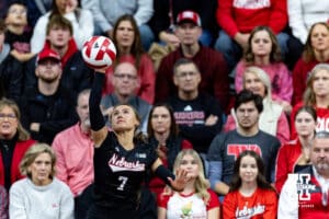 Nebraska Cornhusker libero/defensive specialist Maisie Boesiger (7) serves the ball against the Ohio State Buckeyes in the first set during a volleyball match on Saturday, Nov. 29, 2025, in Lincoln, Nebraska. Photo by John S. Peterson.