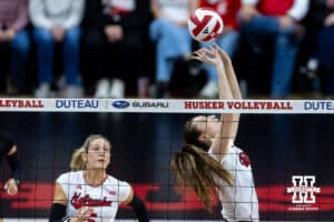 Nebraska Cornhusker setter Bergen Reilly (2) sets the ball for Andi Jackson (15) Ohio State Buckeyes in the first set during a volleyball match on Saturday, Nov. 29, 2025, in Lincoln, Nebraska. Photo by John S. Peterson.