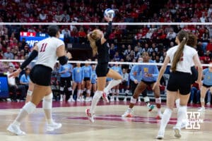 Nebraska Cornhusker libero Olivia Mauch (10) sets the ball against the LIU Sharks in the first set during the first round of the NCAA volleyball tournament on Friday, Dec. 5, 2025, in Lincoln, Nebraska. Photo by John S. Peterson.