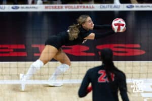 Nebraska Cornhusker libero Maisie Boesiger (7) digs the ball against the Ohio State Buckeyes during a volleyball match on Saturday, Nov. 29, 2025, in Lincoln, Nebraska. Photo by John S. Peterson.