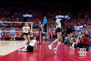 Nebraska Cornhusker outside hitter Harper Murray (27) makes a save in the first set against the LIU Sharks during the first round of the NCAA volleyball tournament on Friday, Dec. 5, 2025, in Lincoln, Nebraska. Photo by John S. Peterson.
