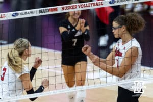 Nebraska Cornhusker middle blocker Rebekah Allick (5) celebrates a kill Ohio State Buckeyes during a volleyball match on Saturday, Nov. 29, 2025, in Lincoln, Nebraska. Photo by John S. Peterson.