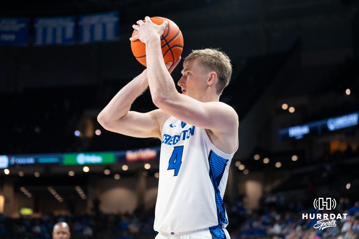 Creighton Bluejay Josh Dix (4) shoots a wide open three during a college basketball game against Nicholls on Tuesday, Dec 2, 2025, in Omaha, Nebraska. Photo by Brandon Tiedemann.