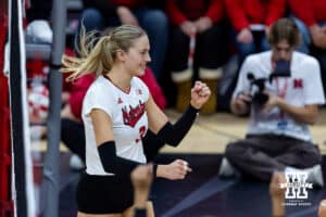 Nebraska Cornhusker opposite Allie Sczech (3) celebrates a kill against the Ohio State Buckeyes during a volleyball match on Saturday, Nov. 29, 2025, in Lincoln, Nebraska. Photo by John S. Peterson.