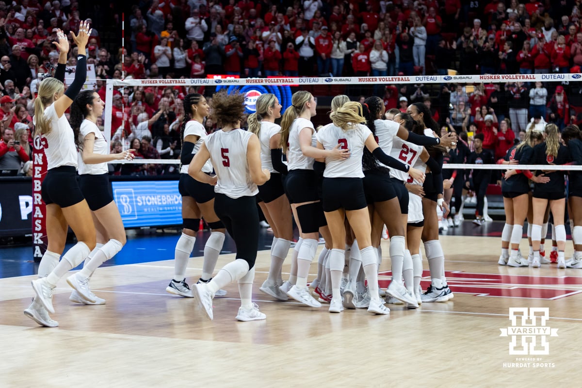 Nebraska Cornhuskers celebrates match point against the Ohio State Buckeyes in three sets during a volleyball match on Saturday, Nov. 29, 2025, in Lincoln, Nebraska. Photo by John S. Peterson.