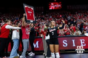 Nebraska Cornhusker libero/defensive specialist Maisie Boesiger (7) waves to the fans for senior day after the win over the Ohio State Buckeyes on Saturday, Nov. 29, 2025, in Lincoln, Nebraska. Photo by John S. Peterson.