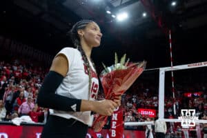 Nebraska Cornhusker outside hitter Taylor Landfair (12) walks over to the other seniors for senior day after a win over the Ohio State Buckeyes on Saturday, Nov. 29, 2025, in Lincoln, Nebraska. Photo by John S. Peterson.