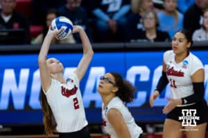 Nebraska Cornhusker setter Bergen Reilly (2) sets the ball against the LIU Sharks in the second set during the first round of the NCAA volleyball tournament on Friday, Dec. 5, 2025, in Lincoln, Nebraska. Photo by John S. Peterson.