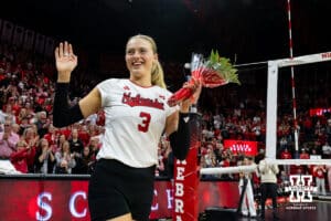 Nebraska Cornhusker opposite Allie Sczech (3) waves to the fans for senior day after a win over the Ohio State Buckeyes on Saturday, Nov. 29, 2025, in Lincoln, Nebraska. Photo by John S. Peterson.