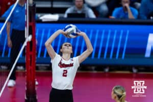 Nebraska Cornhusker setter Bergen Reilly (2) sets the ball against the LIU Sharks in the second set during the first round of the NCAA volleyball tournament on Friday, Dec. 5, 2025, in Lincoln, Nebraska. Photo by John S. Peterson.