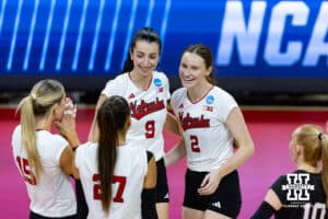Nebraska Cornhusker opposite Virginia Adriano (9) celebrates a kill with teammates against the LIU Sharks in the second set during the first round of the NCAA volleyball tournament on Friday, Dec. 5, 2025, in Lincoln, Nebraska. Photo by John S. Peterson.